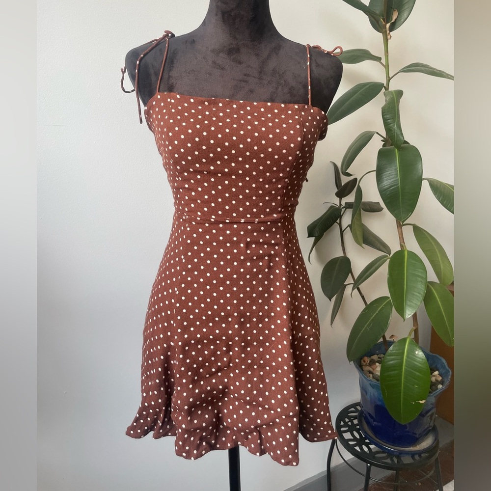 Reformation Brown and White Polka Dot Mini Dress